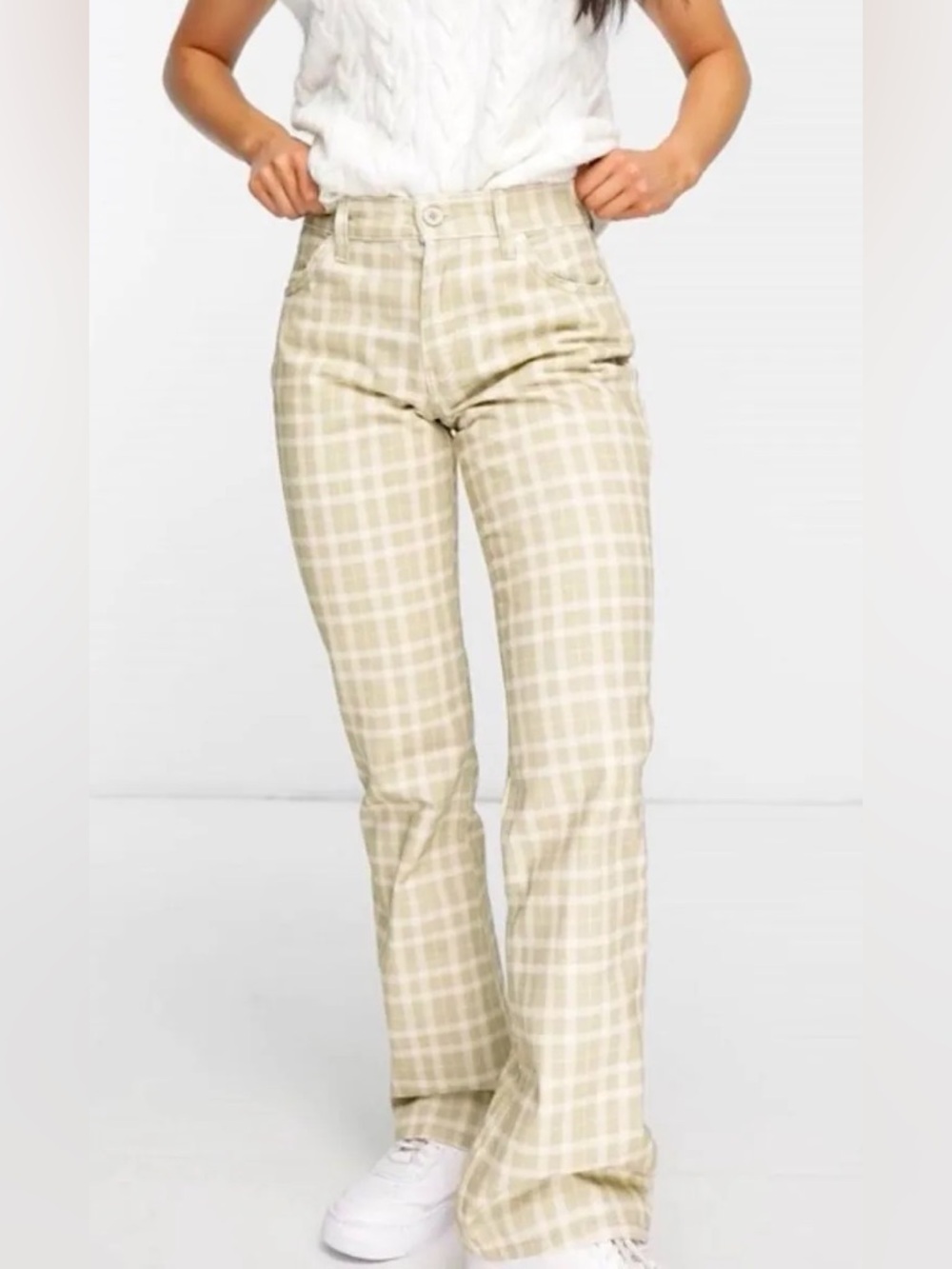 Beige Plaid High-Waist Flare Pants